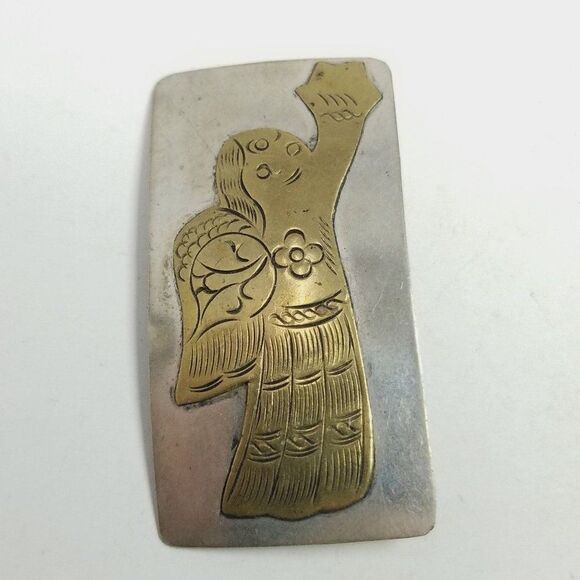 Vintage Two Tone Metal Angel Brooch, Silver Tone Rectangle Lapel PIn, Holiday - Picture 5 of 6